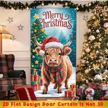 1 banner de ușă cu taur de Crăciun, cu modele de brad de Crăciun și cadouri, potrivit pentru petreceri cu tematică de Crăciun, decorațiuni interioare/exterioare, casă, perete, curte, decorare terasă, activități generale de sărbătoare, decorațiuni de Crăciun, petreceri de sărbători