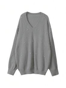 Plus Size V-Neck Beaded Solid Color Sweater, Casual For Autumn/Winter - Light Grey - View 4