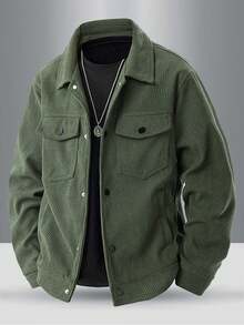 Áo khoác vải nhung mềm mại thời trang xuân thu dành cho thanh thiếu niên, túi có nắp đối xứng, thiết kế nút cổ tay áo, túi bên cổ điển, áo khoác cổ bẻ màu trơn thường ngày ngoài trời - xanh quân đội - Xem 1
