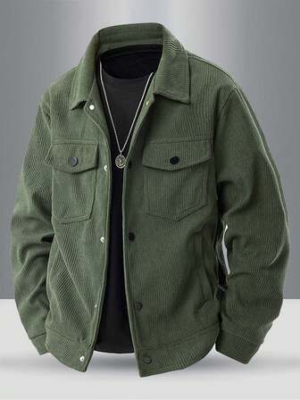 Chaqueta de pana suave para jóvenes en primavera y otoño, con decoración de solapa simétrica, diseño de botones en los puños, bolsillos laterales clásicos, chaqueta casual de unicolor con cuello para exteriores