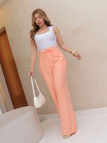 FASHION MO, REF: H995 - Women's Casual High Waist Solid Pants With Straight Tie And Adjustable Waist Belt, Fashionable Wide Leg Women's Pants, Suitable For Autumn And Winter Daily Wear, Office And Family Gatherings (The Pants Are Not Stretchy) - 橘色 - 查看 4