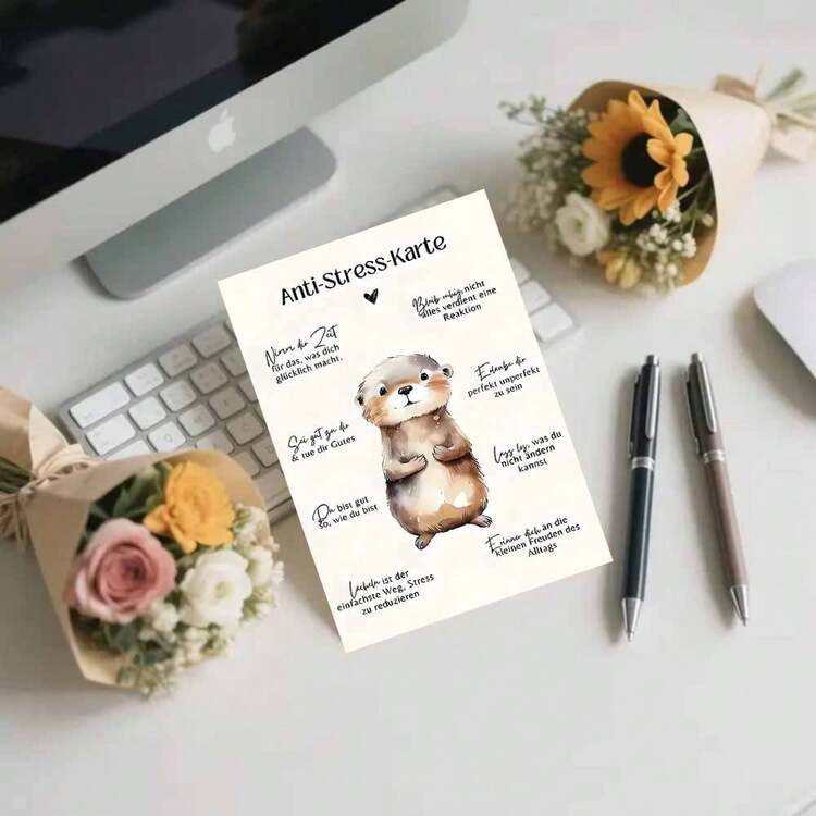 1 st. Verzachtende "Anti-Stress - Karte" Duitse kaart, schattige otter & kalmerende tips, papiermateriaal, geschikt voor familie en vrienden, uniek cadeau voor stressverlichting, inclusief envelop - veelkleurig - Bekijken 7
