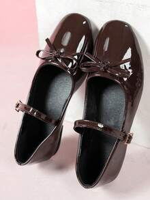秋冬女装新款咖啡棕色系带扣蝴蝶结装饰奢华时尚百搭连衣裙派对舞会玛丽珍鞋，休闲户外公主仙女风学院风乐福鞋低跟经典复古欧美风平底鞋 - 咖啡棕 - 查看 2