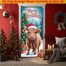 1 banner de ușă cu taur de Crăciun, cu modele de brad de Crăciun și cadouri, potrivit pentru petreceri cu tematică de Crăciun, decorațiuni interioare/exterioare, casă, perete, curte, decorare terasă, activități generale de sărbătoare, decorațiuni de Crăciun, petreceri de sărbători