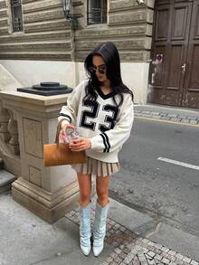 pull décontracté à col en V avec bloc de couleurs Digit 23 pour femmes HoloChill, nouveau Top polyvalent d'été décontracté - Blanc - Voir 6