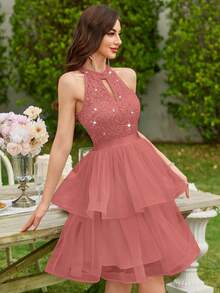 MIUSOL Sequin Floral Lace Halter Neck Ruffle Layered Hem Mesh Prom Party Swing Dress,Summer Dress,Wedding Guest Dress,For Graduation,Homecoming - Dusty Pink - View 5