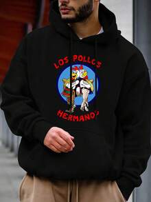 Men'S Los Pollos Hermanos Graphic Hoodie - Black Casual Long Sleeve Pullover With Cartoon Print, Comfortable For Fall & Winter, Everyday Comfort | Cartoon Print Hoodie | Glossy Fabric, Hoodies For Winte