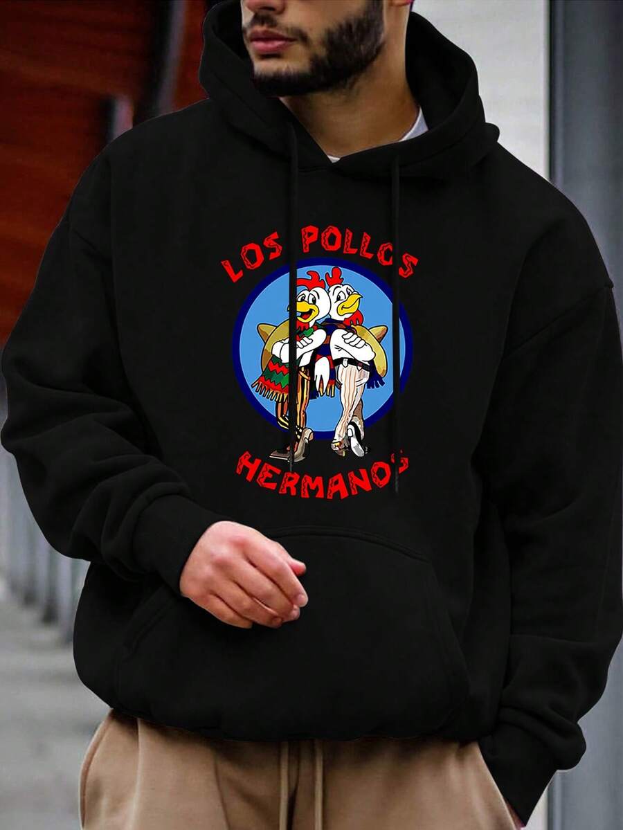 Men'S Los Pollos Hermanos Graphic Hoodie - Black Casual Long Sleeve Pullover With Cartoon Print, Comfortable For Fall & Winter, Everyday Comfort | Cartoon Print Hoodie | Glossy Fabric, Hoodies For Winte
