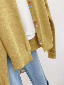 Plus Size Women Colorful Button Casual Long Sleeve Cardigan Round Neck Sweater, Autumn/Winter - Turmeric - View 5