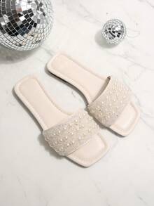 Plus Size Women's Slip-On Rhinestone Embellished Sandals, Casual Versatile Outdoor Non-Slip Flat Slippers