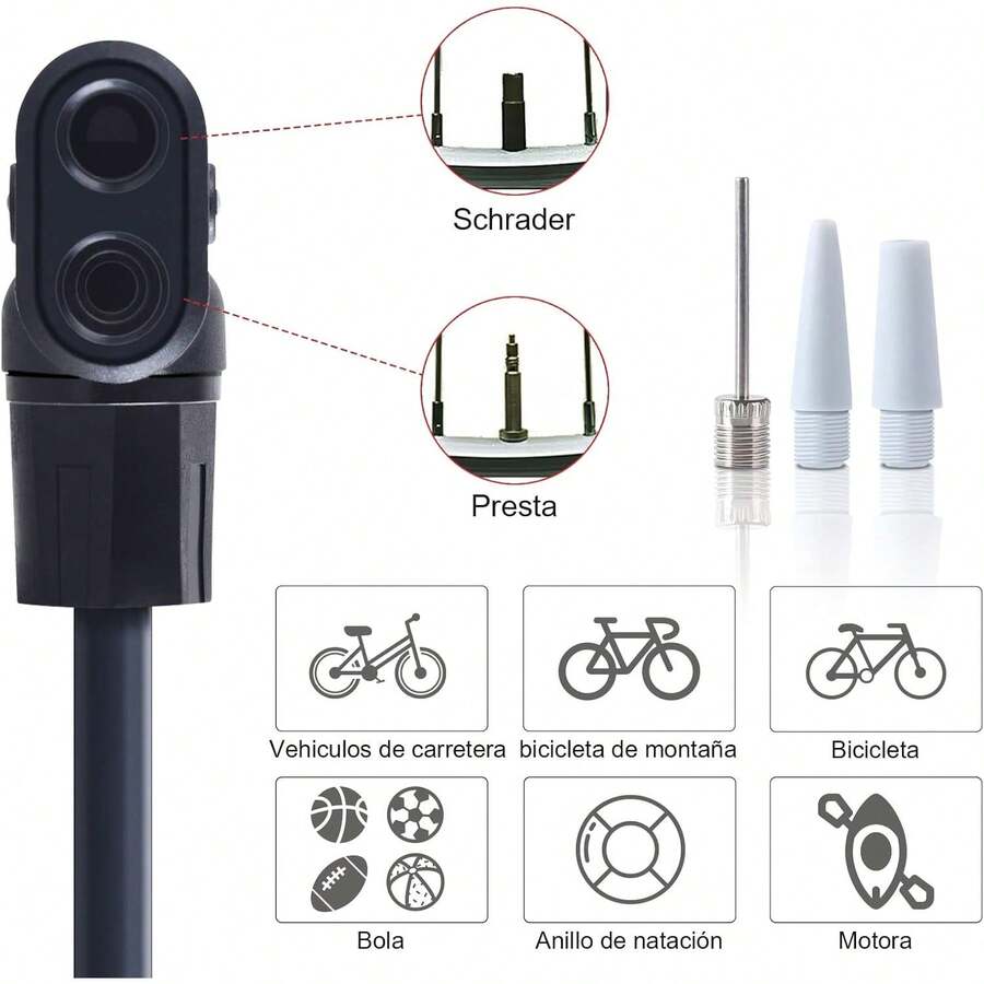 Diyife Foot Pump 42CM, 3 en 1 Bomba de Bicicleta, Presta y Schrader 2 en 1 Reversibles, Aguja de Bola Multifunción Boquilla de Lancha, Bomba de Aire 160PSI para Bicicleta,Bolas - 1 - Ver 1