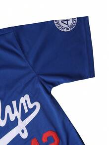 Men's #42 Blue Brooklyn Baseball Jersey - Short - Sleeve Button - Down Fit, Classic Letter & Number Embroidery, Blue - White - Red Contrast, Ideal For Daily & Training - 四十二 藍色 - 查看 2