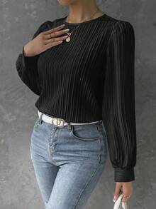 White Tops Fall Clothes For Women Textured Stripe Round Neck Bishop Long Sleeve Blouses