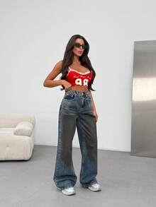 SQUALO Women's Wide Leg Color With Pocket Details Destroyed Retro Washed Street Style Jeans Ripped And Cutout Wide Leg Jeans - Biru - View 8