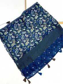 1条简约印花丝巾，轻盈透气，流苏披肩，优雅时尚的设计，适合女性，春夏百搭真丝围巾，户外防晒沙滩巾，连衣裙头巾。 - 藏青色 - 查看 4