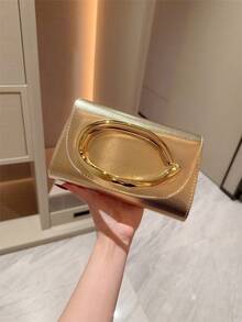 1件歐美時尚金屬裝飾迷你手拿包，高端亮面金屬條女款手提包，優雅奢華正式禮服晚宴包，PU皮革派對包/浪漫婚禮手拿包/舞會包，雞尾酒會包，附金屬鏈條返校舞會包 - 金色 - 查看 3