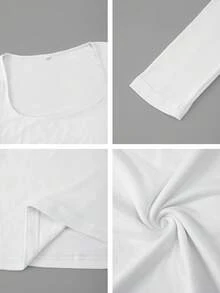 Vaiaye 女士性感修身长袖针织上衣，纯色方领T恤，适合情人节穿着 - 白色 - 查看 11