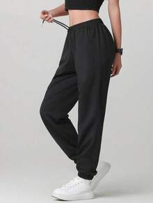 大码女式纯色运动裤，松紧腰带抽绳，拉链口袋，适合瑜伽、跑步、健身、秋季/春季 - 黑色 - 查看 4