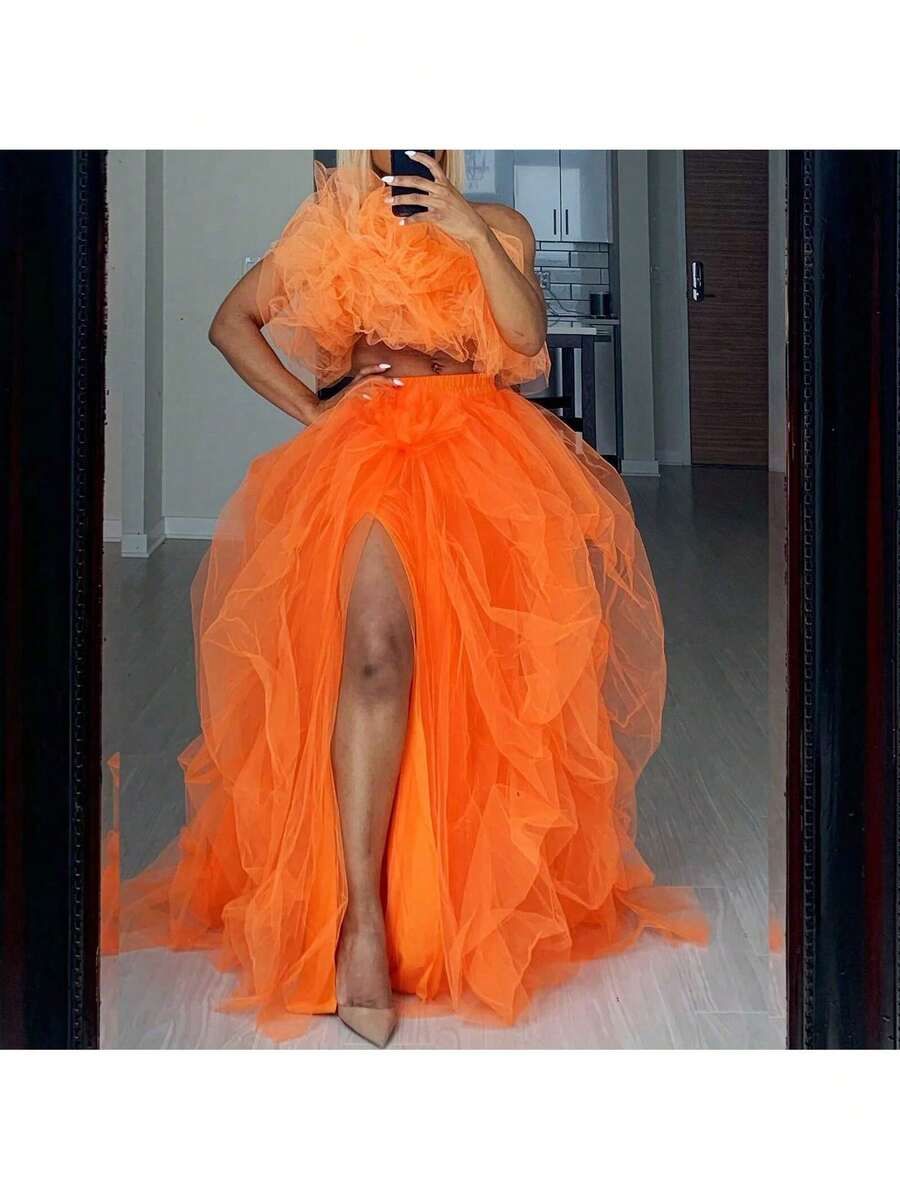 Women's Tulle Maxi Skirt Vestidos De Fiesta Elegantes Floor Length Layered Elastic High Waist Split Skirt A-Line Puffy Lace Mesh Tutu Skirt - trái cam - Xem 1