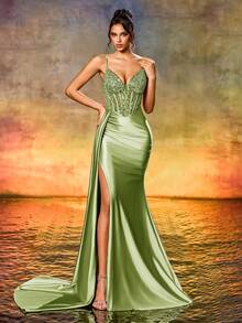 Elisanya 女士优雅华丽亮片串珠高腰长丝带开衩露背系带派对晚礼服、婚礼宾客礼服、正式礼服、毕业礼服 - 草綠色 - 查看 5