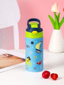 1 pièce Bouteille thermique imprimée de dessin animé en acier inoxydable, tasse thermique réfrigérante, gourde isotherme avec paille en silicone, bouteille d'eau portable - Bouteille d'eau multifonctionnelle, pour voyages, camping, fournitures scolaires