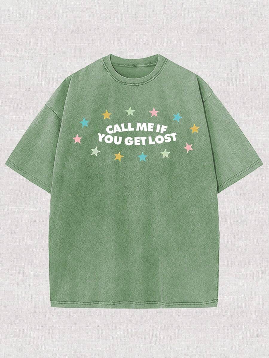 230g Washing, If You Get Lost, Call Me A Printed T-Shirt, High-Quality Batik Cotton Vintage Fashion Brand T-Shirt, Men's T-Shirt, Men's Summer T-Shirt, Holiday Gift, Perfect Gift. - 軍綠色 - 查看 1