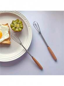1/3pcs Kitchen Wooden Handle Manual Egg Beater, Mini Cake Mixer, Stainless Steel Cream Whisk - Mini Stirring Spoon - View 2