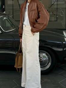 Womens Faux Leather Bomber Jacket Baseball Collar Zip Up Cropped Coat With Pockets - Caramen - Xem 5