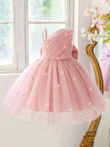 Young Girls' Faux Pearl Shoulder Sequin Mesh Bow Back Elegant Dress, Suitable For Flower Girl, Birthday Party, No Headband Included