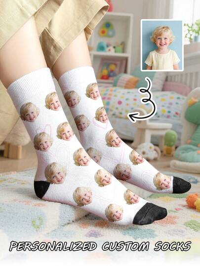 1 Pair Of Customized Face Children's Mid Tube Socks, Put Any Face On Socks,Boy And Girl, Personalized Socks For With Photos, Interesting Customized Picture Pairs With Medium To Long Socks, Suitable For Valentine's Day