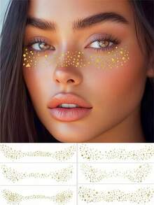 6 Sheets Glitter Freckles Face Tattoo With Lip Mark Star Triangle Sparkle Freckles Tattoos Waterproof Gold Temporary Tattoos Stickers For Summer Travel Prom Makeup Party Musical Festival Accessories