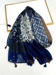 1条简约印花丝巾，轻盈透气，流苏披肩，优雅时尚的设计，适合女性，春夏百搭真丝围巾，户外防晒沙滩巾，连衣裙头巾。 - 藏青色 - 查看 2