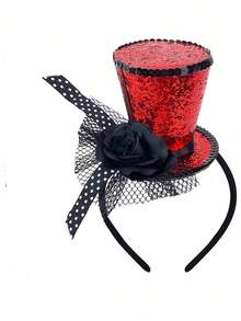 1 pieza Sombrero mini rojo elegante y de moda con diadema, pieza de cabeza encantadora para té para mujeres, adecuado para volver al colegio, fiestas, festivales de música, Halloween, Navidad, Año Nuevo - Multicolor - Ver 3