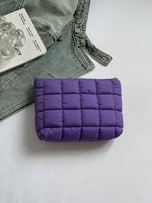 Bolsa de maquillaje con patrón de cuadrícula de moda, embrague casual, bolsa acolchada y cálida con costura elástica, organizador de maquillaje, bolsa de maquillaje pequeña y acogedora para - Morado - Ver 10