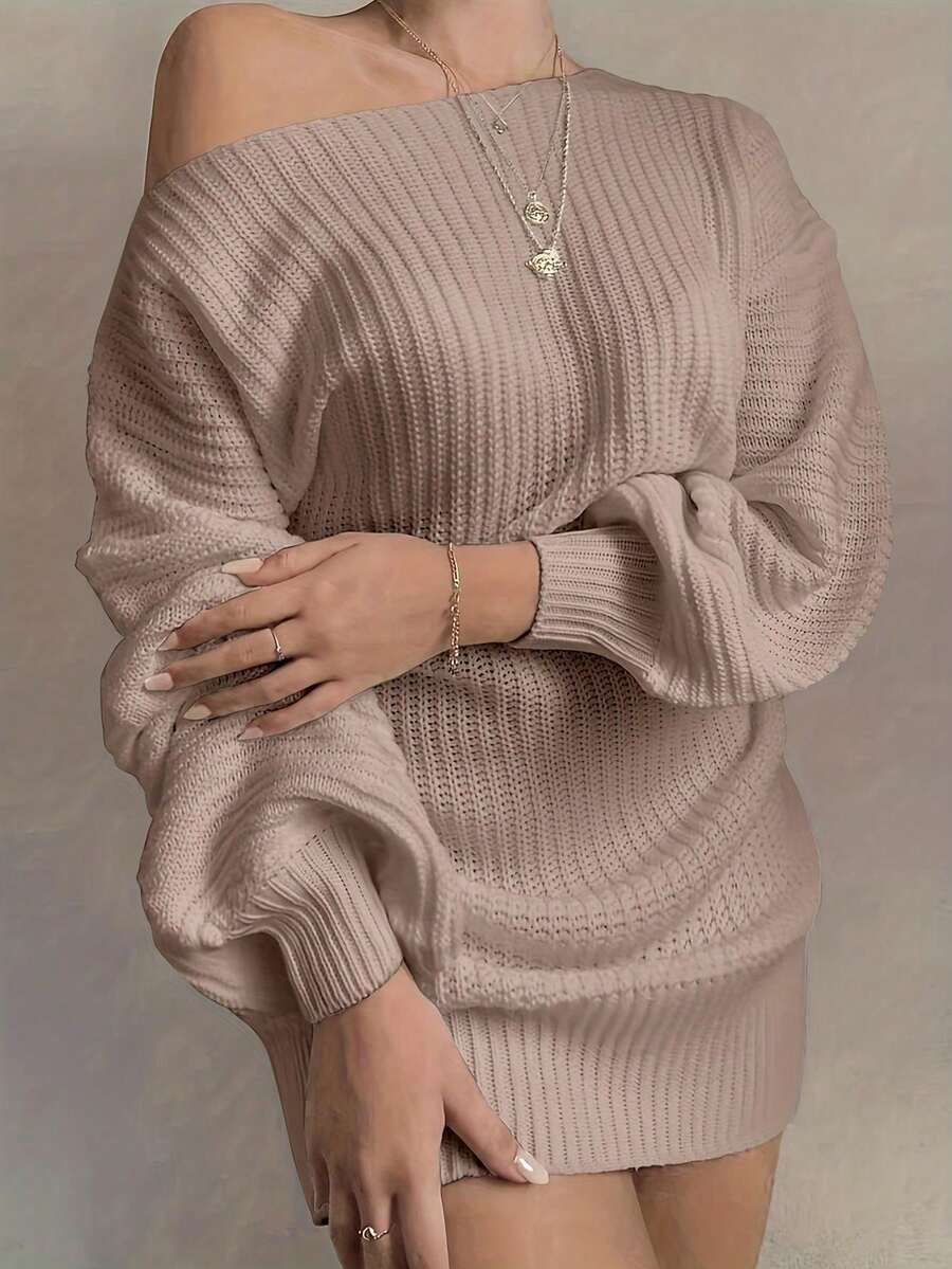 Off-Shoulder Solid Color Casual Loose Knit Sweater Dress - Dusty Pink - View 1