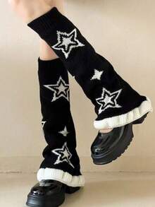 1 Pair Cute New Star Wide Leg Leg Warmers With Ruffle Lace Trim, Y2K Style Leg Warmers For Girls - Black - View 3
