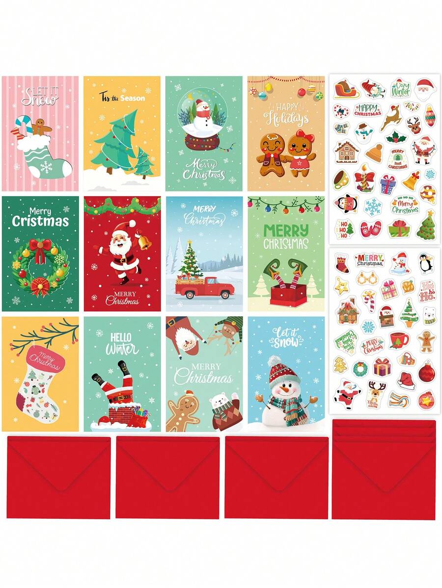12 Sets, Weihnachtsgrußkarten Set, Cartoon Weihnachtsbaum Weihnachtsmann, Schneeflocke Postkarte Weihnachtssegengrußkarte, Partyeinladung, handgeschriebene Segengrußkarte