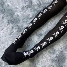 Skull Print Thigh Socks, Halloween Cosplay Knee Socks, Women's Stockings And Music Festival Socks - 黑色 - 查看 7