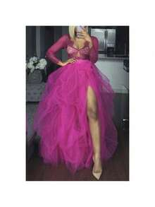 Women's Tulle Maxi Skirt Vestidos De Fiesta Elegantes Floor Length Layered Elastic High Waist Split Skirt A-Line Puffy Lace Mesh Tutu Skirt - 中紫紅色 - 查看 2