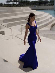 Basrey Royal Blue Sweetheart Neck Strap High Waist Fitted Long Mermaid Prom Dress
