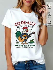 Camiseta blanca de mujer 180g algodón, diseño divertido de gallo con guitarra y texto "Co-De-Ally Boo De Lily", cuello redondo, manga corta, T-shirt casual estampada creativa perfecta para primavera y verano. - Blanco - Ver 2