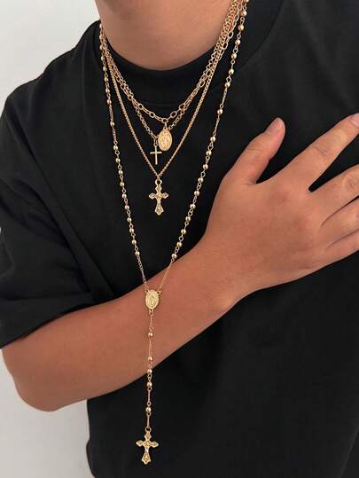 4pcs Vintage Punk Cross Pendant Necklaces, Men's Personalized Hip-Hop Metal Beaded Y-Necklace, Suitable For Casual, Party, Couple Jewelry, Holiday Gift