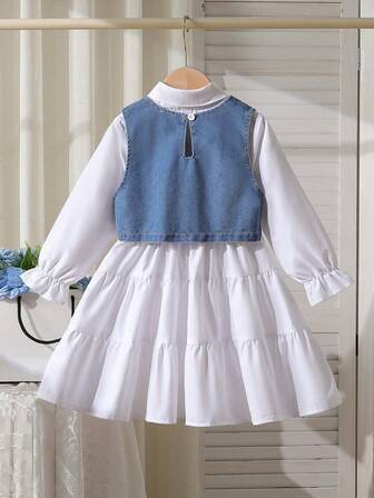 3 件套女童装饰连衣裙套装：装饰连衣裙 + 可爱装饰牛仔背心 + 时尚装饰包