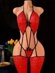 Ladies' Sexy Hollow Backless, Suspender  Set With Panties - 紅色 - 查看 1
