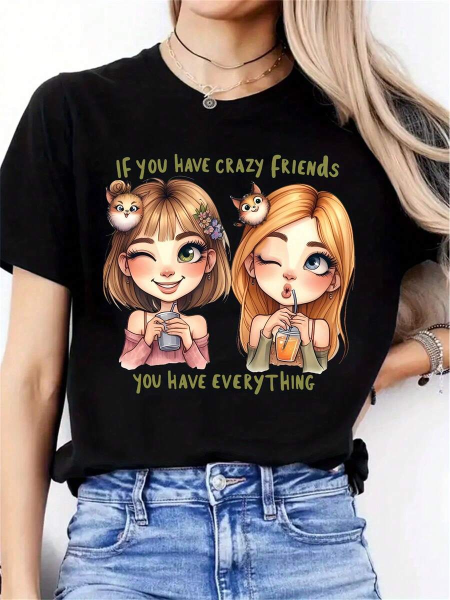 Camiseta Casual De Mujer Con Diseño Gráfico - Frase Amigable Y Adorable Para Amantes De Los Gatos, Tejido Transpirable Y Elástico, Lavable A Máquina, Regalo Perfecto Para Mejores Amigas, Camisetas Cómodas Y Juguetonas - Oscuro - Ver 1