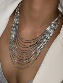 Fashionable Multi-Layer Tassel Necklace, Exaggerated Crystal Choker Necklace, Unique Party & Event Accessory For Women