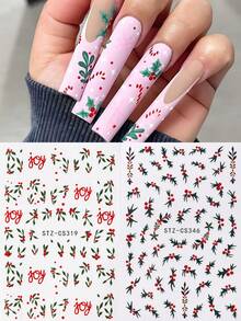 2pcs Christmas Nails Art Stickers Green Holly Vine Red JOY Xmas Nails Decals For Winter Nail Art Decoration, Self Adhesive New Year Nail Supplies For Women And Girls - Multicolor - View 6