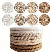 1/4/8pcs Woven Drink Coasters, Round Absorbent Beverage Cup Mats, Handmade Fabric Coasters, Absorbent Coaster Set With Tray, Bohemian Style