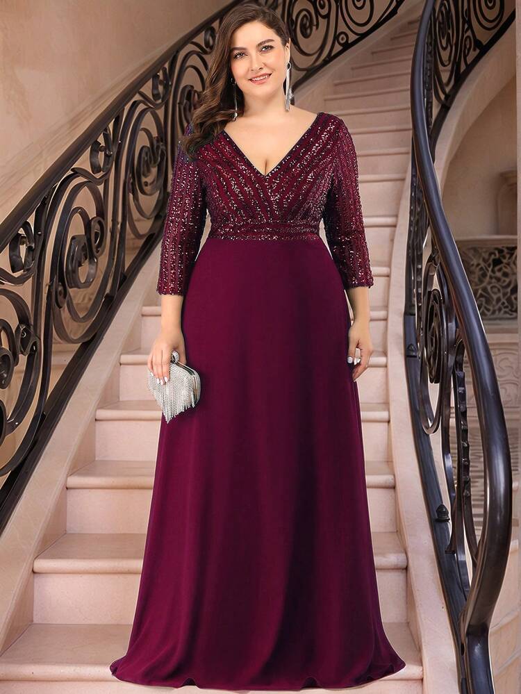 Vestido de fiesta con cuello en V con lentejuelas, cintura alta, contraste de color de gasa, vestido de fiesta, vestido de invitada de boda, vestido de gala, madre de la novia, vestidos glamorosos de San Valentín, primavera elegante - Granate - Añade 1