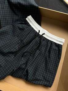 SAOYANGYU 女士休闲格子松紧腰抽绳阔腿裤，145克梭织面料 - 黑色 - 查看 2